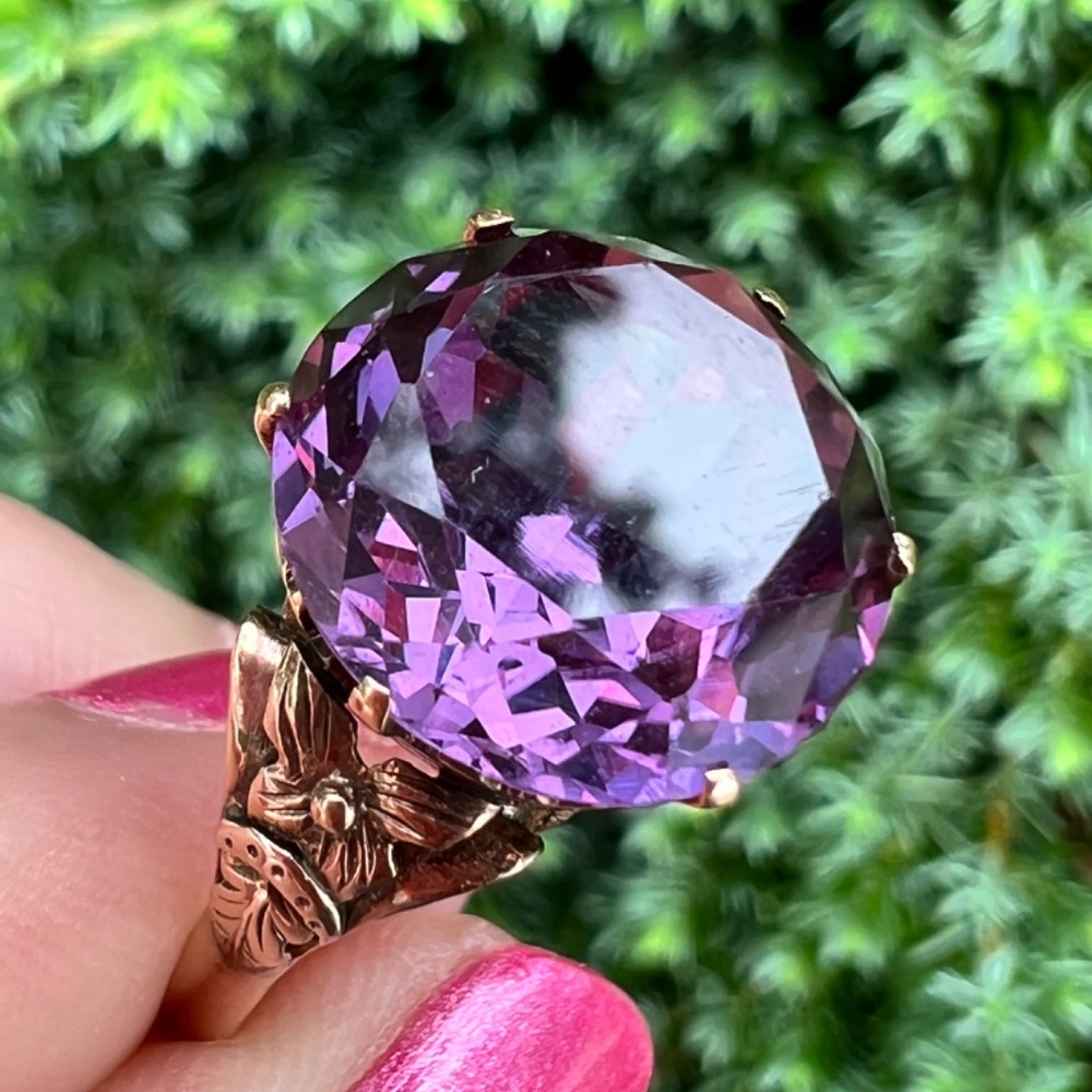 VINTAGE 14K YELLOW GOLD PURPLE COLOR CHANGE SAPPHIRE ALEXANDRITE FLOWER RING - Picture 2 of 16